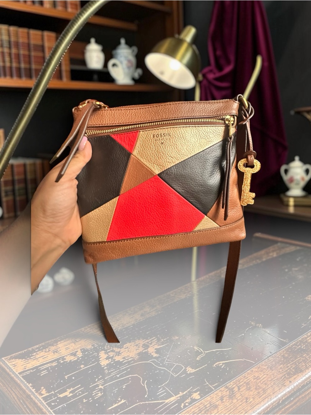 Fossil Leather Patchwork Crossbody Bag in Brown, Red & Tan